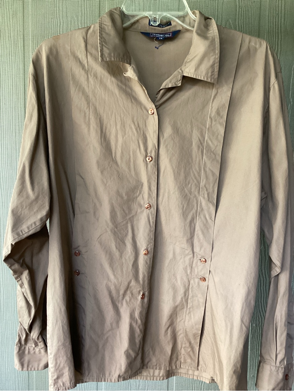Cotton Button-Up Shirt with Pintuck Seam and Button Detail, Large